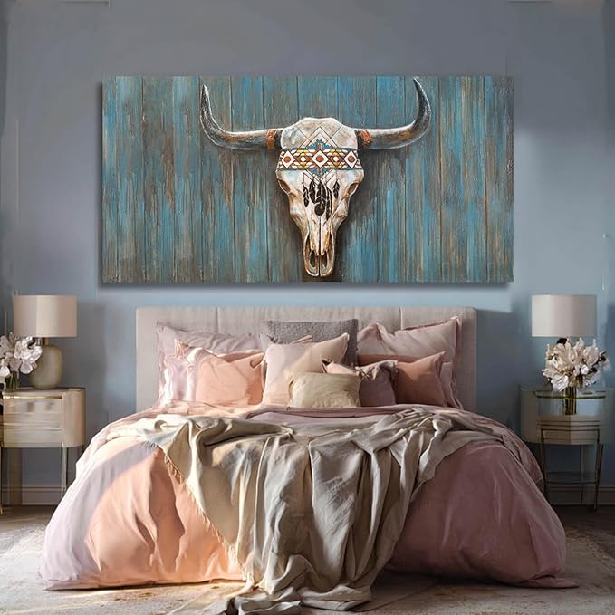 Cow Home Decor White and Blue Wall Art Modern Wall Decorations 29"x58" Large Artwork for Living Room Office Poster Printing