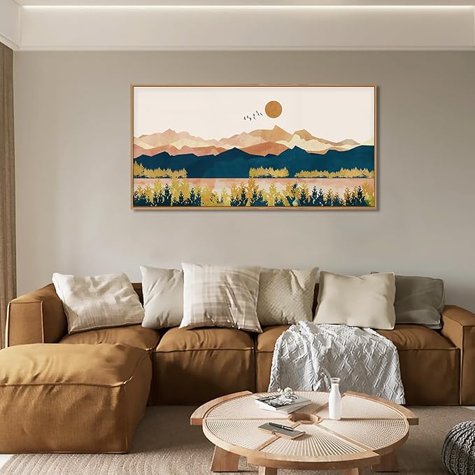 HPINUB Mountain Framed Canvas Wall Art Set, Mid Century Modern Wall Decor, Set of 3 Boho Artwork Nature Art Paintings, Bohemian Art Prints for Living Room, Bedroom, Dining Room, Office - 20"x40"