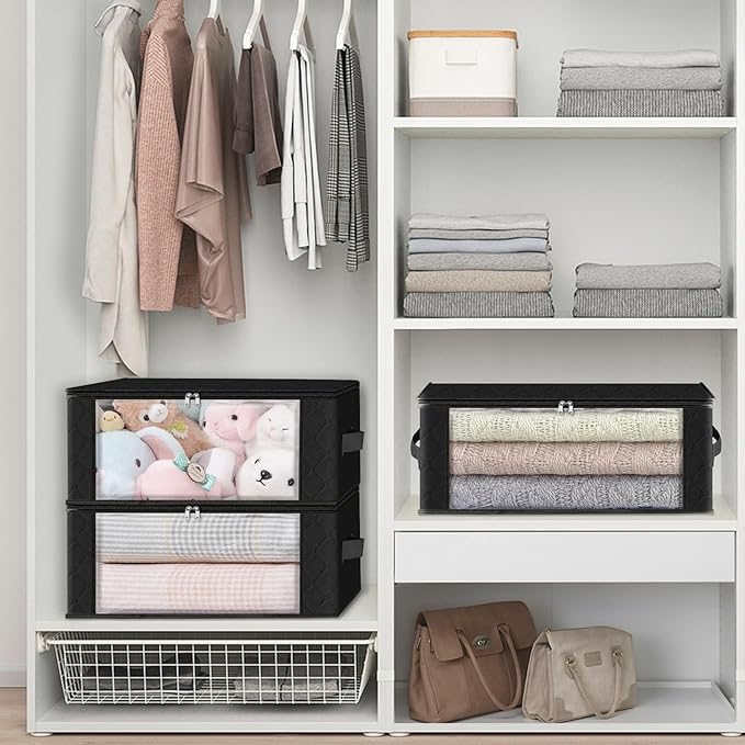 HomeHacks Storage 8-Pack Clothes Organizer Storage Bags Foldable Storage Box with Large Clear Window Sturdy Handles for Closet, Dorm, Pillows, Bedding, Clothes, Blankets, 35L, Black