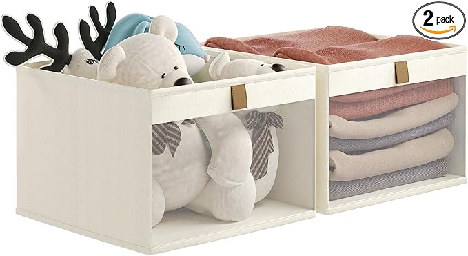 Linen Closet Organizers and Storage, Closet Storage Bins Basket Organizer, Foldable Organization Baskets with Mesh Window for Clothes Towels and Toys, 10.75" x 10.75" x 7.5", Beige, 2 pack