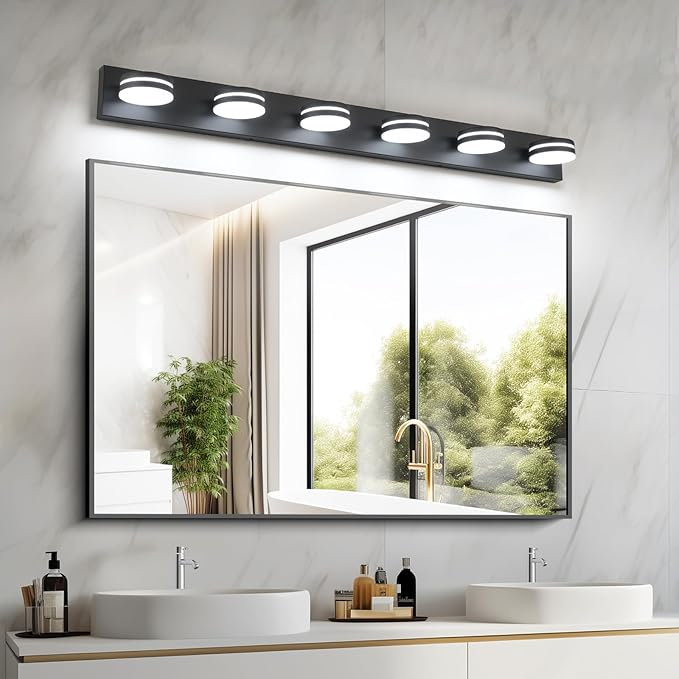 6-Light Bathroom Vanity Light Over Mirror, Matte Black LED Vanity Lighting Fixtures, Modern Bathroom Wall Light Fixtures with 360°Rotating Lamp Head (Cool White 5500K) (Black, 47Inch)