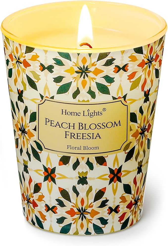 HomeLights Scented Candles for Women & Men, 6.7oz Candle Jars Aromatherapy Single Wick Candle, Ideal for Bohemian Natural Textures Home Decor and Gifts, Peach Blossom Freesia