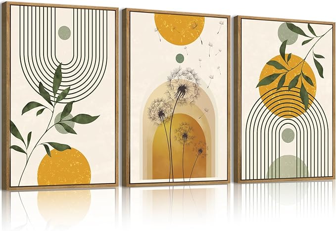 ANHUIB Boho Minimalist Canvas Wall Art 16x24 Inch Dandelion Plant Wall Decor Modern Geometric Artwork Abstract Line Botanical Painting Set if 3 for Living Room Bedroom Dining Room