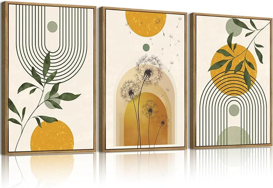 ANHUIB Boho Minimalist Canvas Wall Art 16x24 Inch Dandelion Plant Wall Decor Modern Geometric Artwork Abstract Line Botanical Painting Set if 3 for Living Room Bedroom Dining Room