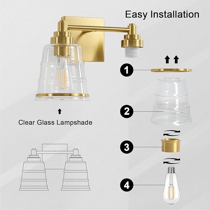 Gold Bathroom Vanity Light Fixture, 2 Light Bathroom Light Fixtures Over Mirror with Clear Glass Shade and Metal Base Wall Sconce,13.4 inch Modern Vanity Light for Bathroom (Exclude E26 Bulb)