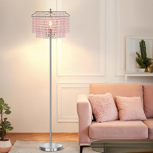 Luvkczc Pink Crystal Floor Lamp, 64" Tall Standing Lamps with Double-Layer Lampshade, Floor Lamps with On/Off Foot Switch, Elegant Floor Lamp for Living Room, Girl Bedroom, Dresser, Office