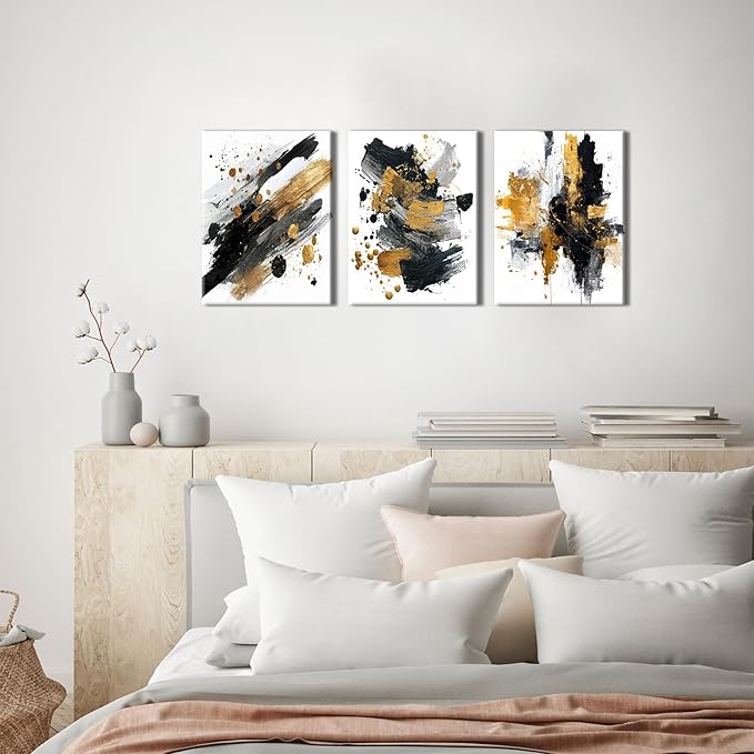 Black White and Gold Wall Art Abstrac Pictures Wall Decor Marble Ink Texture Walls Paintings for Living Room Bedroom Decor, Watercolor Gold Fluid Prints Posters Canvas Artwork Decorations 12x16” 3Pcs