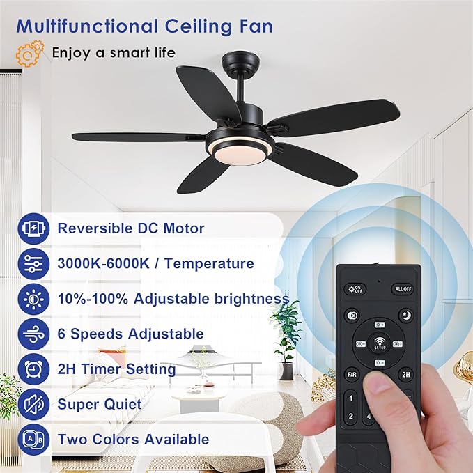 Ceiling Fans with Lights,50“ Modern Black Ceiling Fan and Remote/APP Control,5 Dual Finish Blades Dimmable 3-Color LED Fandelier for Indoor Dinning Room,Bedroom