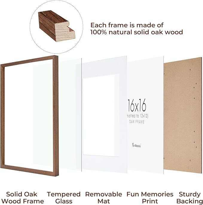 16x16 Picture Frames for Wall, Square Picture Frame 16 x 16 - Solid Oak Wood, Tempered Glass, 16x16 Frame Matted to 12x12, 16"x16" Wood Photo Frames - Walnut Color, 1 Pack