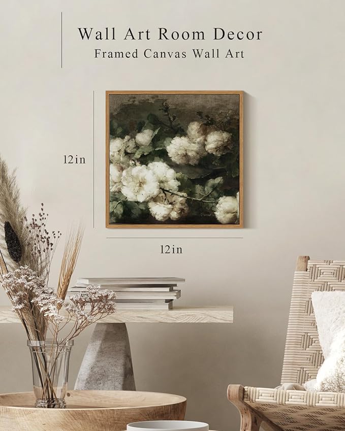 InSimSea Square Framed Canvas Wall Art, Vintage Floral Rustic Roses Flower Wall Art for Living Room, Flowers Wall Art Prints, Flower Pictures for Bedroom Living Room Aesthetic Wall Decor 12"x12"