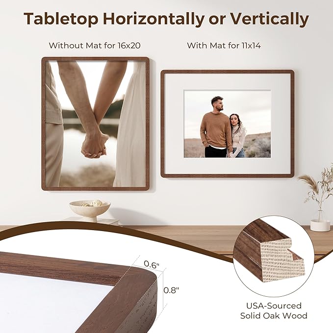 16x20 Picture Frame for Wall, Solid Oak Wood 16 by 20 Frames, 16 x 20 Poster Frame with Tempered Glass, 16x20 Frame Matted to 11x14, 16"x20" Wood Frame for Home Decor, Walnut Color, 3 Pack