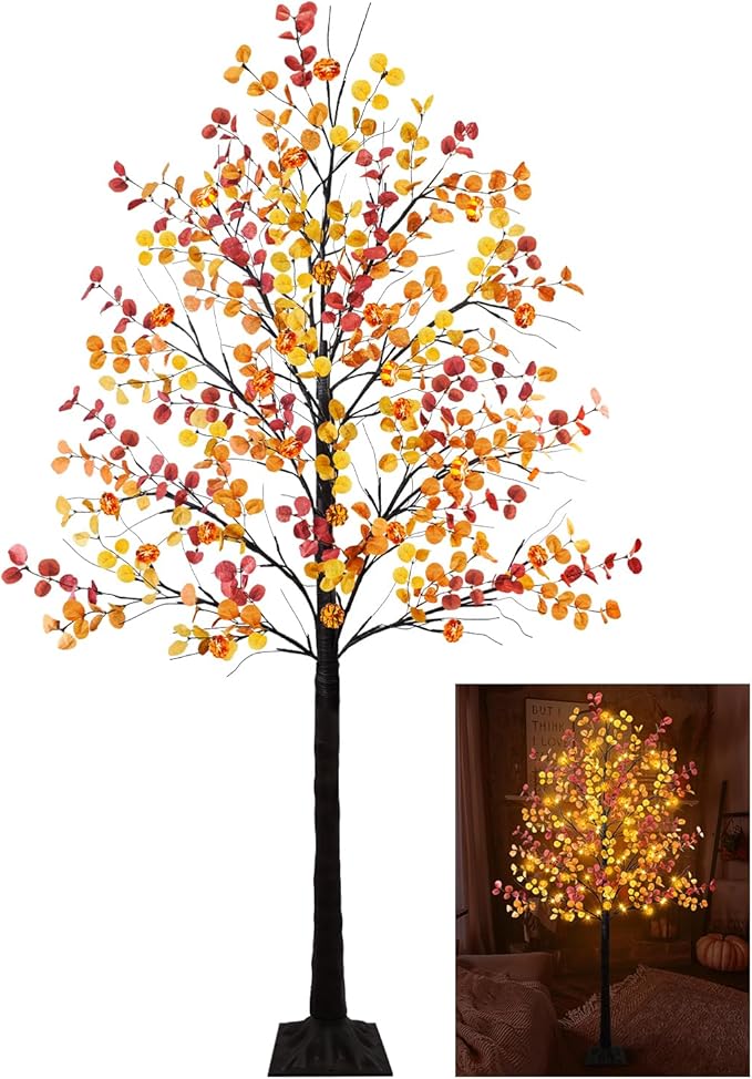 Uieke 6FT 96LED Lighted Thanksgiving Eucalyptus Tree Artificial Tree with 24PCS Pumpkin Lights 8 Modes Thanksgiving Fall Decorations for Home Autumn Decor Indoor Outdoor