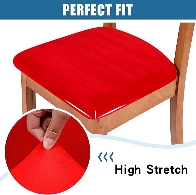 Smiry Velvet Seat Covers for Dining Room Chair Set of 4, Stretch Fit Removable Washable Chair Seat Cushion Protector Slipcovers with Ties, Red