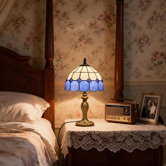 Tiffany-Style 8 Inch Table Lamp Mediterranean Series Stained Glass Lampshades Small Bedside Lamp Reading Antique Desk Light Livingroom Bedroom Office Vintage Art Deco Victorian(Color:Blue)