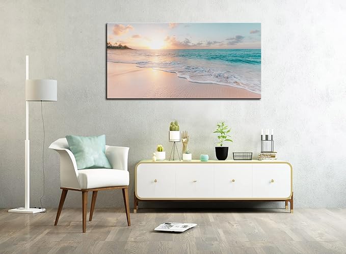 OKEXCKK Beach Large Canvas Wall Art Picture for Living Room - Sunset Ocean Nature Painting Print Decor Coastal Wall Decor Seascape Artwork Poster for Bedroom Decoration - 24"x48"