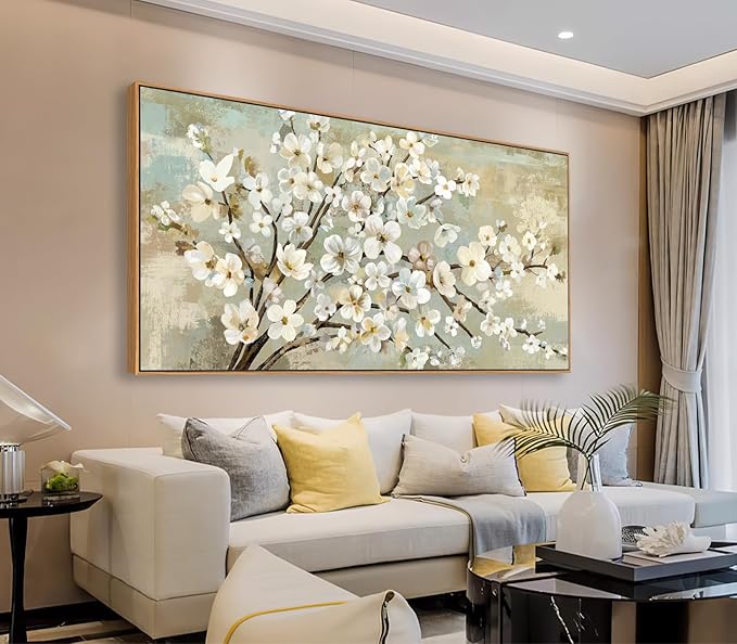 arteWOODS Flowers Framed Wall Art - Beige Flower Branches Canvas Pictures Wall Decor Rustic Brown Botanical Painting Artwork Elegant Floral Prints for Living Room Bedroom 48 x 24in Natural Wood Frame