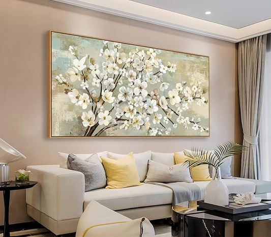 arteWOODS Flowers Framed Wall Art - Beige Flower Branches Canvas Pictures Wall Decor Rustic Brown Botanical Painting Artwork Elegant Floral Prints for Living Room Bedroom 48 x 24in Natural Wood Frame