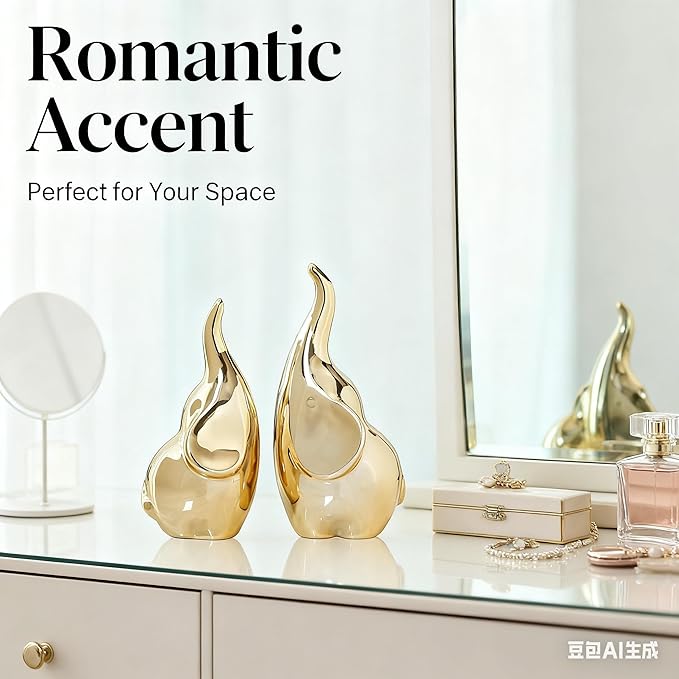 Ceramic Elephant Figurines with Trunk Up, Pair Couples Loving Elephant Statue, Small Figurines Sculpture African Home Decor, Valentine Elephants Gifts for Women, Wedding Knick Knacks（Gold）