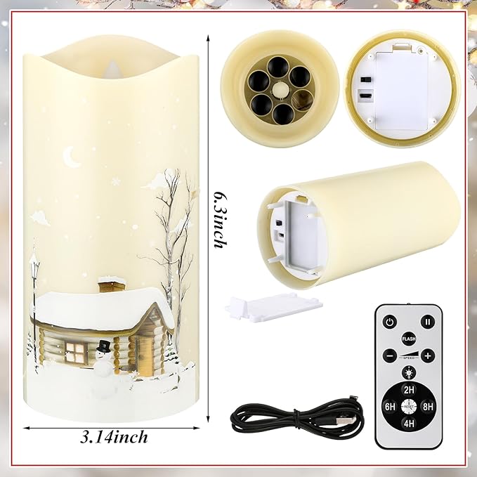Christmas Flameless Candle Snowflake Snowman Projector Light Colorful LED Candle Battery Operated Night Light with Remote and Timer Indoor Bedroom Home Decor for Christmas Party Gift Decor