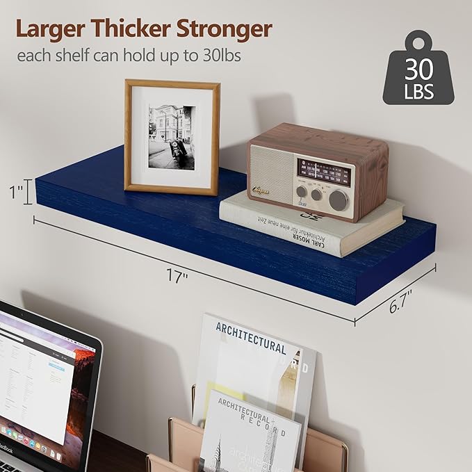 Solid Wood Floating Shelves Set of 3 - Modern Blue Shelves for Wall Decor Storage in Bedroom, Living Room, Bathroom, Kitchen - Dark Blue