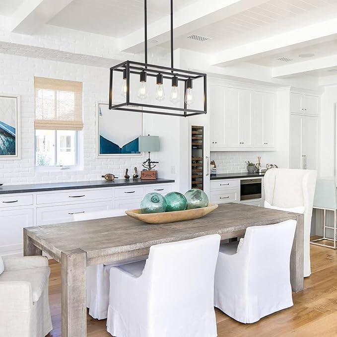 5-Light Kitchen Light Fixtures Black Farmhouse Chandelier Rectangular Dining Room Light Fixture Linear Pendant Lighting Hanging Lights for Kitchen Island Living Room Adjustable Height E26