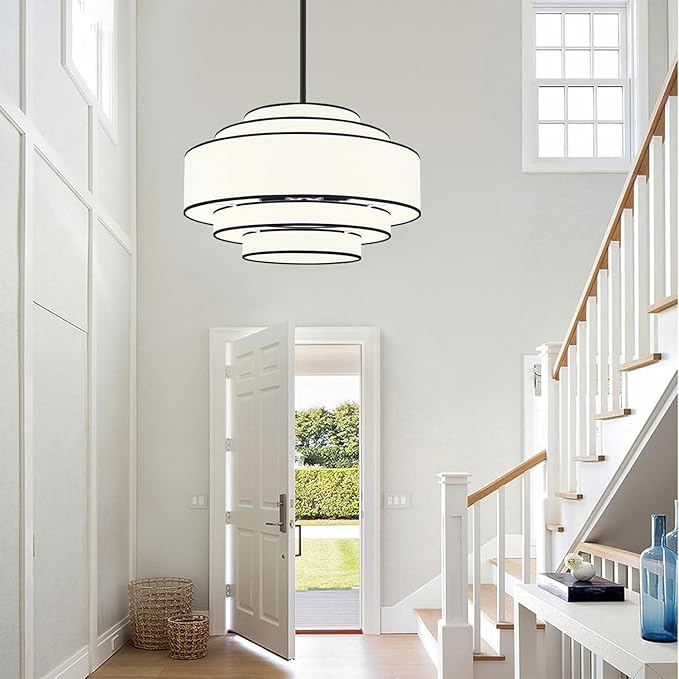 23.62’’Black Drum Chandelier,5-Tier Modern White Fabric Chandeliers Dining Room Light Fixture,6-Light Large Kitchen Island Lighting Farmhouse Chandelier for Living Room Bedroom Hallway Foyer,UL-Listed