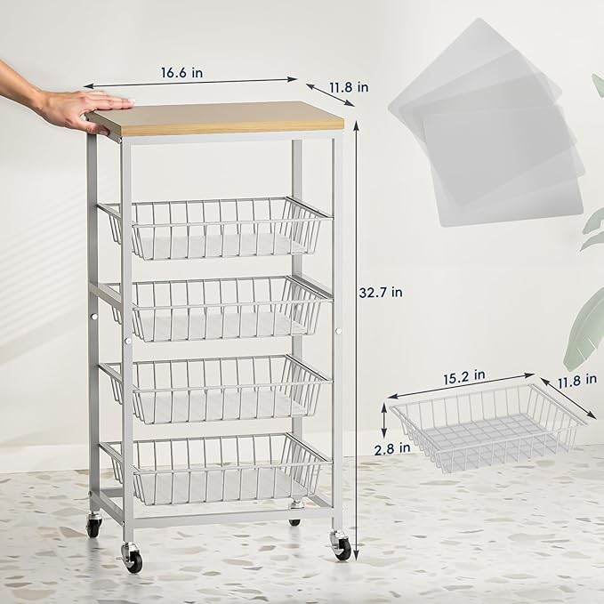 Snack Cart, 5-Tier Kitchen Carts on Wheels with Storage,Fruit Basket Stand with Pull-Out Baskets and Wood Top,Kitchen Organizer for Fruit Vegetable Snack (Oak Beige)