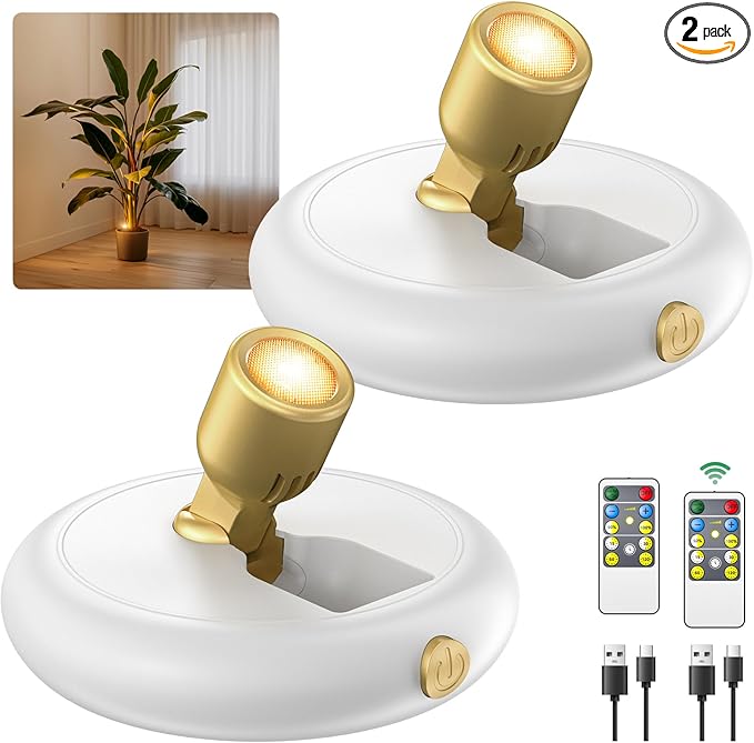 Rechargeable Battery LED Spotlight Indoor: Wireless Mini Art Accent Spot Lights with Timer Remote - Small Dimmable Uplight for Plants Display Painting Dartboard Artwork Portrait Closet (2 pack-white)