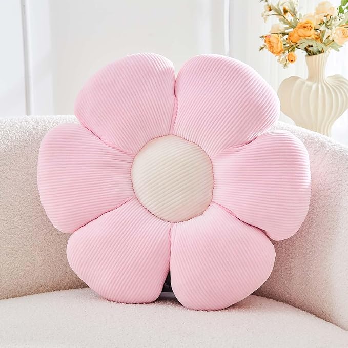 Pink Flower Pillow, 17.7" Cute Flower Shaped Floor Pillow, Aesthetic Floral Plush Daisy Decorative Throw Pillows for Bed Sofa Couch