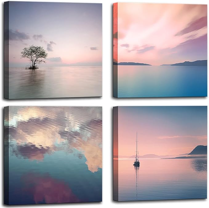 dgbtcart Romantic Sunset Beach Canvas Wall Art - Ocean Pictures Prints Colorful Seascape Painting Artwork for Bedroon Living Room, Bathroom - Office Kitchen Wall Decor 16"x 16" x 4 Panels
