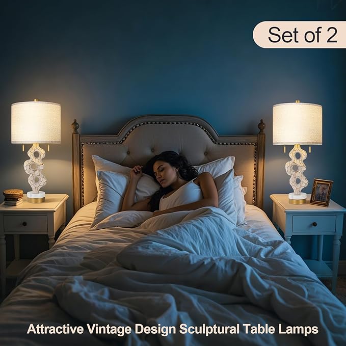 Scenekoy Sculptural Table Lamp Set of 2 for Bedroom, 26” Farmhouse Bedside Lamps for Living Room, Rustic Linen Shade Night Stand Lamp Marble Base with USB Ports for Home Decor (E26 Bulbs Included)