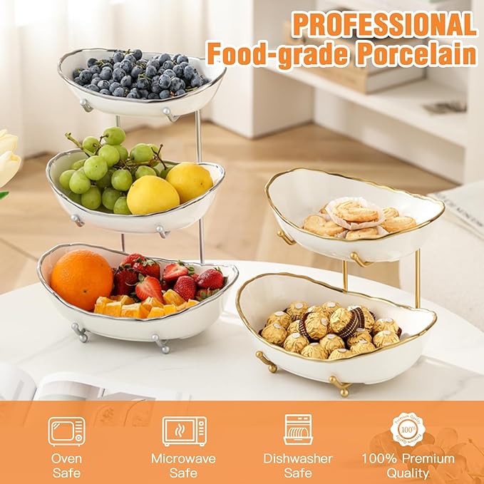 2 Tier Ceramic Fruit Bowl for Kitchen Counter, Tiered Fruit Basket for Countertop, Modern Multi Layer Fruit Display Stand for Party, Cute & Smal (Gold-rimmed)