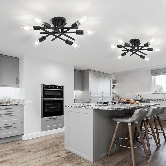 ASGYISA 6-Lights Semi Flush Mount Ceiling Light Fixture 2-Pack Black Vintage Matte Sputnik Chandelier Ceiling Lamp for Farmhouse Dining Room Living Room Bedroom Kitchen Entryway