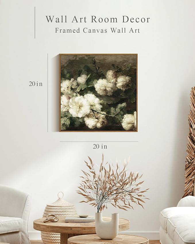 InSimSea Square Framed Canvas Wall Art, Vintage Floral Rustic Roses Flower Wall Art Prints for Living Room, Flowers Pictures for Bedroom Living Room Aesthetic Home Decor 20"x20"