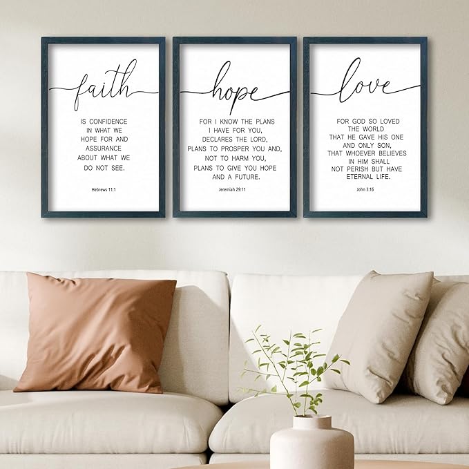 SRSZHIYUE Bible Verse Wall Decor Faith Hope and Love 16''×11'' Set of 3 Catholic Prayer Family Living Room Vintage Sign Farmhouse Scripture Quote Christian Minimalist Art Inspirational Wall Hanging (B