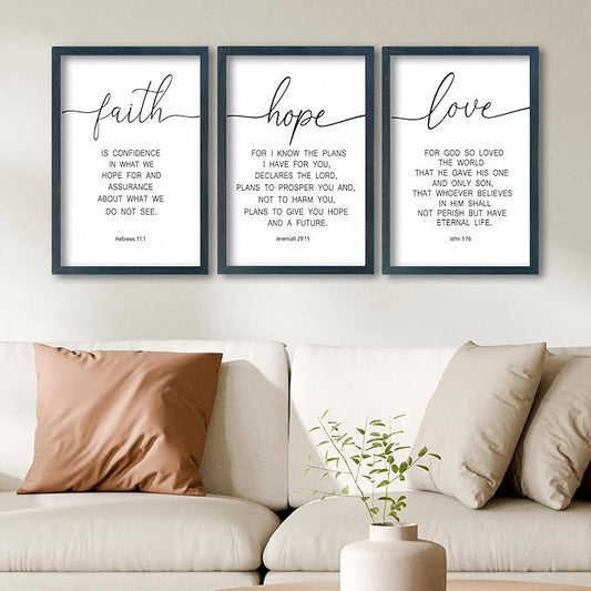 SRSZHIYUE Bible Verse Wall Decor Faith Hope and Love 16''×11'' Set of 3 Catholic Prayer Family Living Room Vintage Sign Farmhouse Scripture Quote Christian Minimalist Art Inspirational Wall Hanging (B