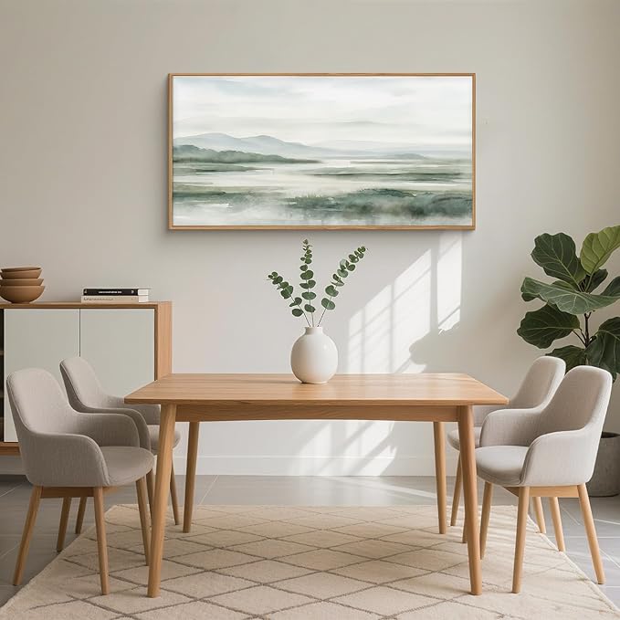 HOURIA Large Watercolor Misty Green Mountain Framed Canvas Wall Art,Neutral Brush Stroke Wall Decor,Modern Landscape Artwork,Nature Minimalist Art Print For Living Room,Bedroom,Office-20 x40 x1