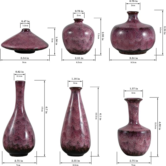 Pink Ceramic Bud Vases, Set of 6 Small Glazed Pottery Vases for Floral Arrangements, Decorative Rustic Vases for Modern Farmhouse Home Decor, Living Room, Dining Table Centerpieces
