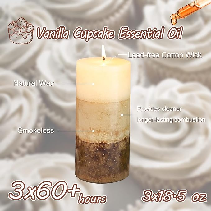 3x6 Pillar Candles Vanilla Cupcake Scented Immeiscent Aromatherapy Candles 60+ Hours Burn Long Lasting, Mottled Layered Candles for Home Scented SPA Restaurant Set of 3