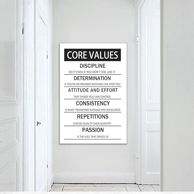 Core Values Motivational Wall Art Canvas Poster Black and White Inspirational Painting Print Artwork for Living Room Office Gym Modern Home Wall Decor Artwork Framed Ready to Hang [24''W x 36''H]