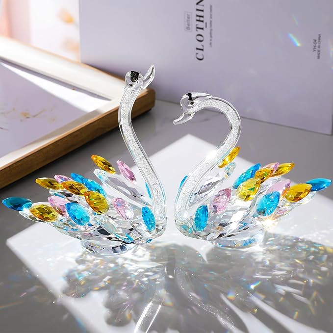 Ornalrist Set of 2 Crystal Colorful Swans Wedding Anniversary Romantic Gifts for Women, Parents - Mother's Day, Birthday Presents for Mom, Couple Swan Figurines Collectibles Home Decor