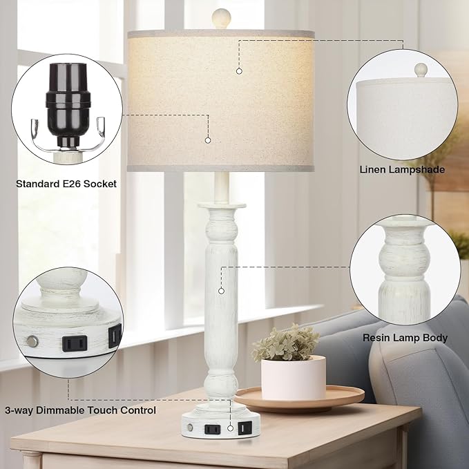 28.5" Tall Farmhouse Table Lamps Set of 2 for Living Room, 3-Way Dimmable Touch Lamps with USB C+A Ports & AC Outlet, Bedside Nightstand Lamps with Linen Shade for Bedroom