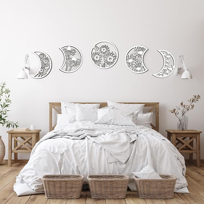 Jetec 5 Pcs Moon Phase Wall Hanging Decor Art Above Bed 10.6" H Boho Moon Phase Wood Wall Pediment Ornament for Living Room Bedroom Home Decoration Room Apartment Bar(White)