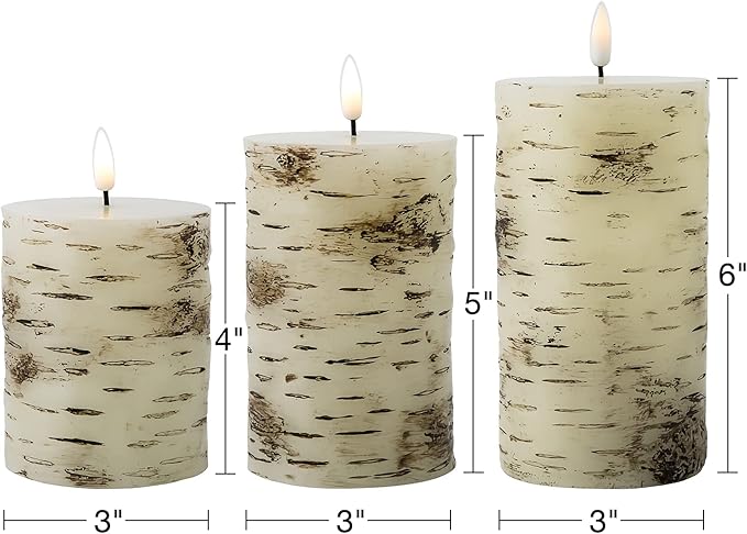 Eywamage Birch Bark Flameless Pillar Candles with Remote, Flickering Rustic Battery LED Wood Candles Set of 3