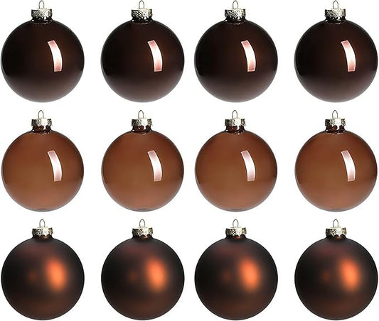 Brown Glass Christmas Ball Ornaments for Xmas Tree, 2.36” Hanging Ornaments Set of 12 Xmas Baubles for Holiday Party Gifts