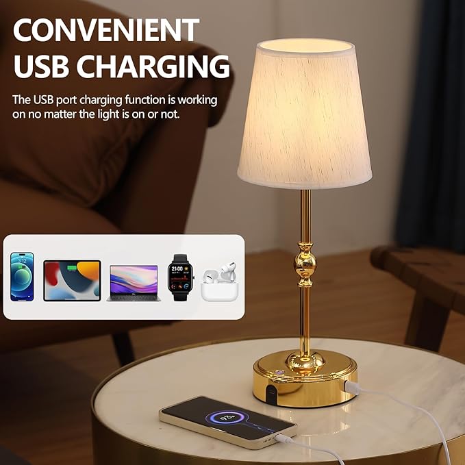 Portables Cordless LED Table Lamp with Dimmer,Outdoor Gold Desk Lamp10000mAh Wireless Rechargeable Battery Nightstand Lamp for Bedroom Bedside Home Camping Balcony Bar RV,Decor
