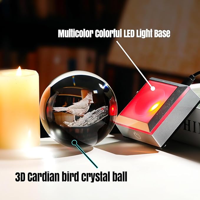 Cardinal Gifts for Women, Mom - 3D Crystal Ball 3.15in with Multicolor Led Light Base - Gifts for Daughter, Sister - Christmas Cardinal Statue Night Light Table Home Decor