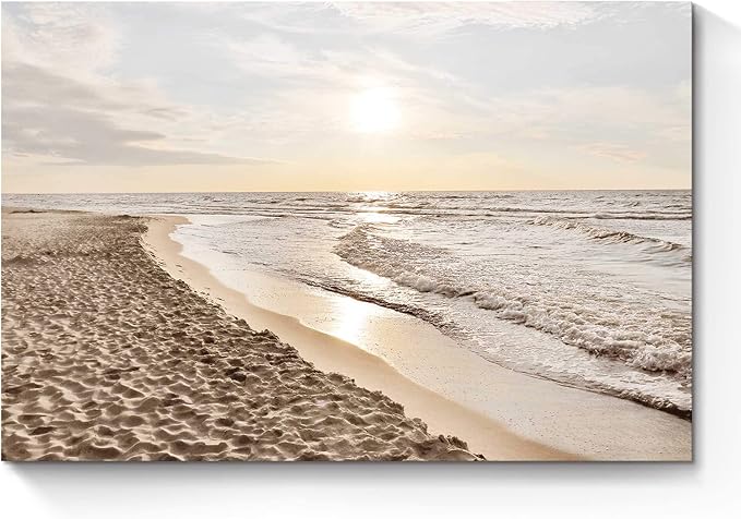 Sunset Beach Picture Wall Art: Sea Waves Canvas Painting Contemporary Ocean Scenery Coastal Artwork Tropical Nature Sands Seaside Seacape Prints for Modern Bathroom Living Room Bedroom
