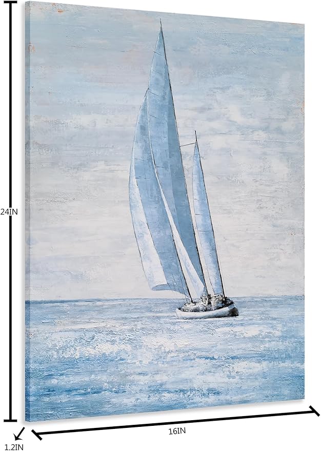 Yihui Arts Coastal Sailing Boat Canvas Wall Art - Blue and White Nautical Picture for Living Room, Bedroom, or Bathroom Decor with Vertical Seaside Artwork