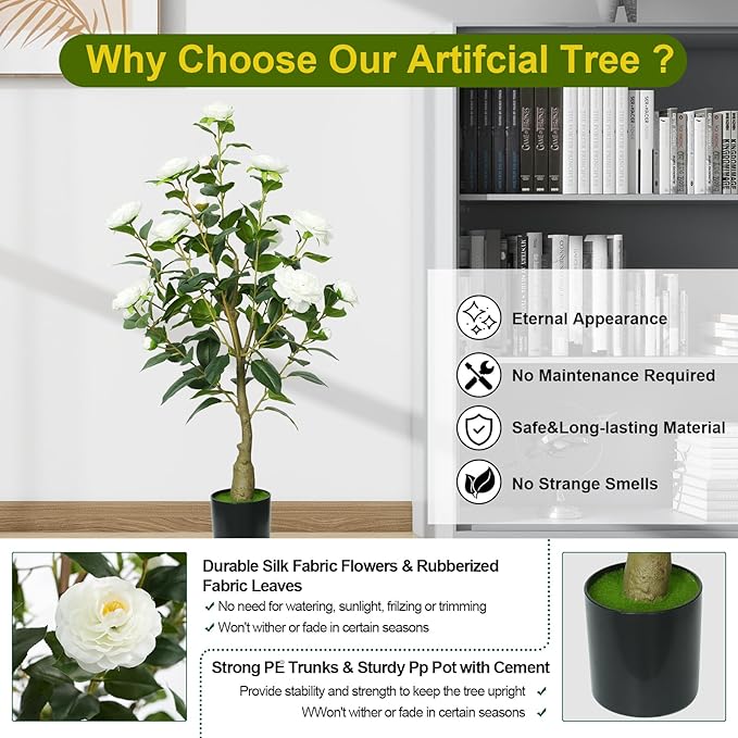 4ft Artificial Camellia Tree with White Silk Flowers - Realistic Faux Flowering Plant for Indoor/Outdoor Decor, Home Staging & Wedding Centerpieces Set of 2